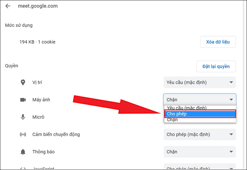 Khắc phục Google Meet không mở được camera bằng cách cấp quyền máy ảnh 
