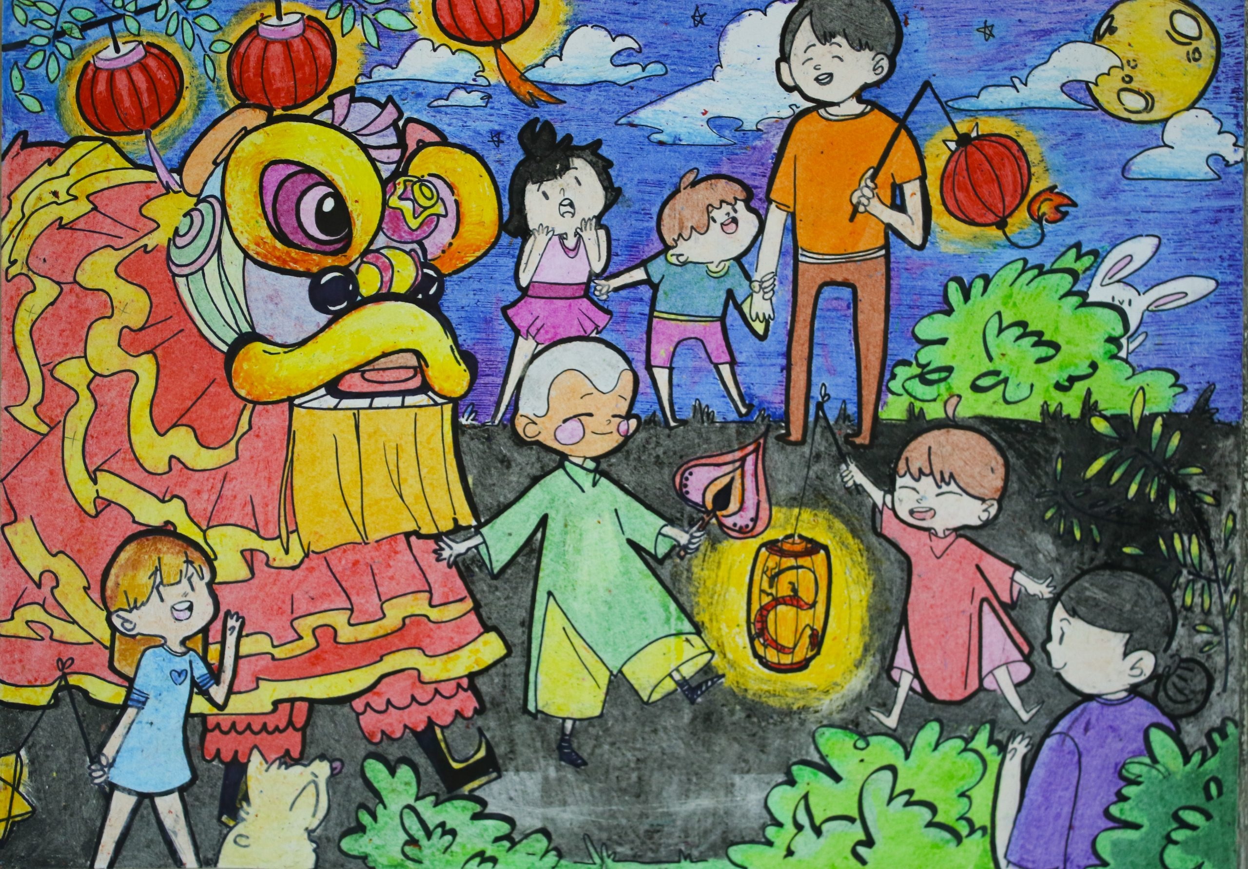 Tranh vẽ múa lân Trung Thu Tranh vẽ chủ đề múa lân Trung Thu