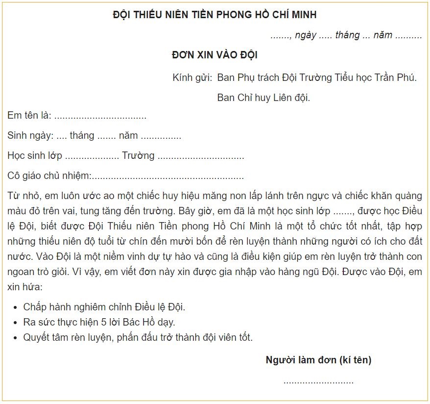 Mẫu đơn xin vào Đội Thiếu niên Tiền phong Hồ Chí Minh chuẩn nhất