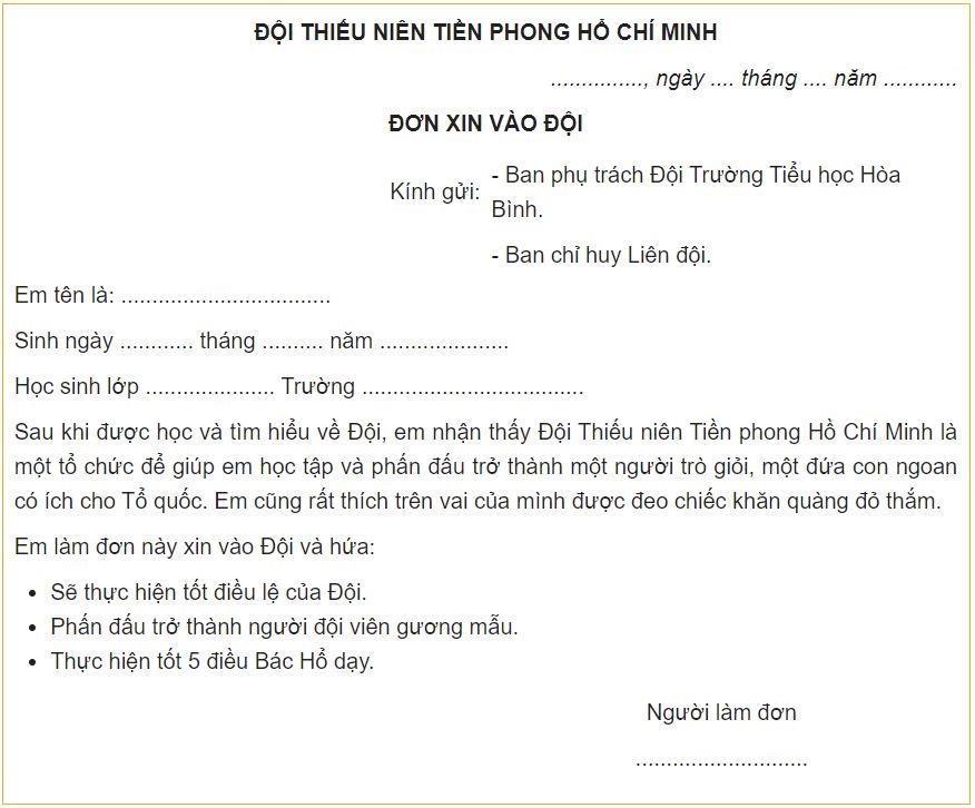 Mẫu đơn xin vào Đội Thiếu niên Tiền phong Hồ Chí Minh chuẩn nhất