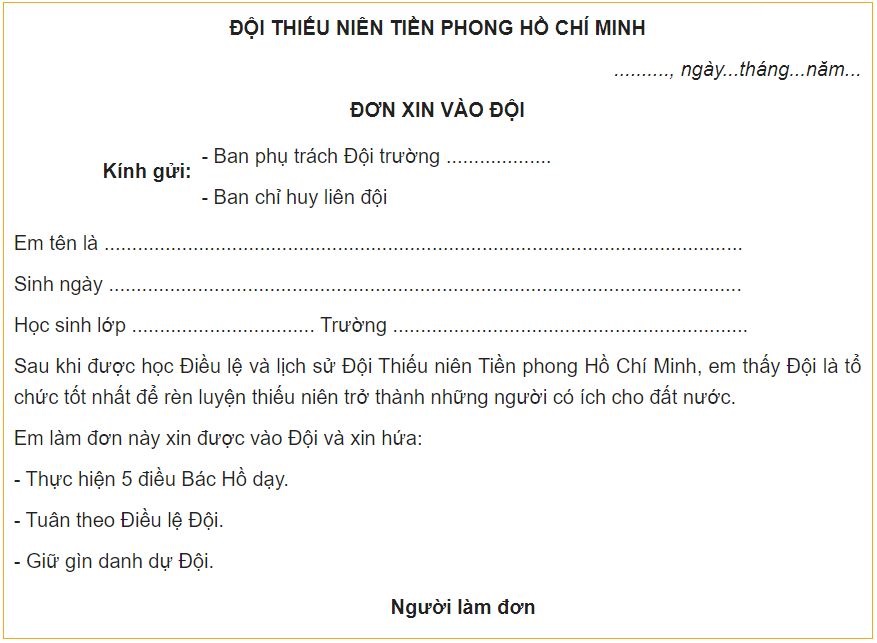 Mẫu đơn xin vào Đội Thiếu niên Tiền phong Hồ Chí Minh chuẩn nhất