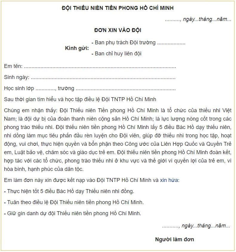 Mẫu đơn xin vào Đội Thiếu niên Tiền phong Hồ Chí Minh chuẩn nhất