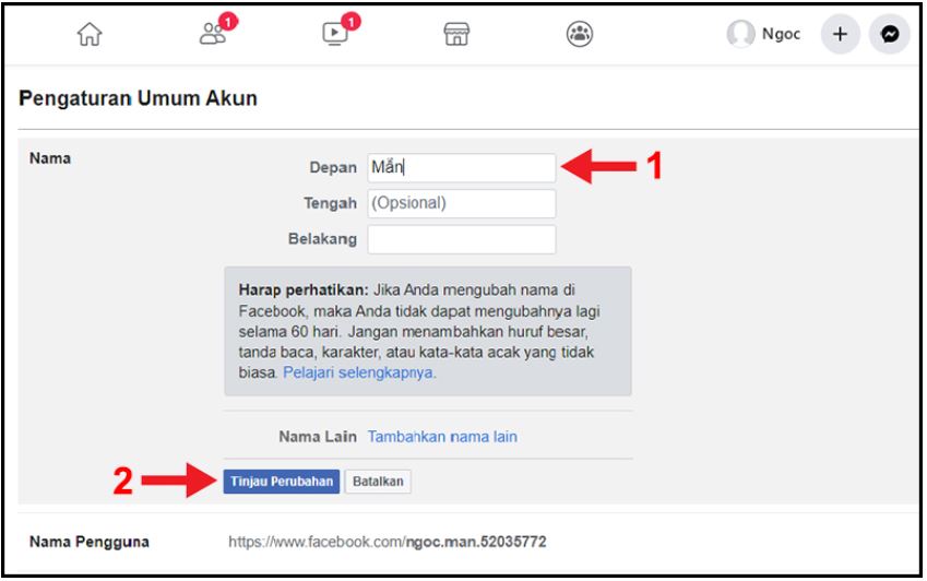 Cách đổi tên Facebook 1 chữ trên máy tính