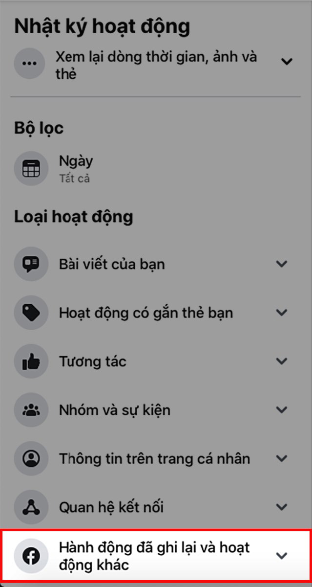 Chọn Hành động đã ghi lại và hoạt động khác