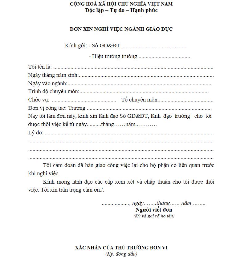 Mẫu đơn xin thôi việc của giáo viên