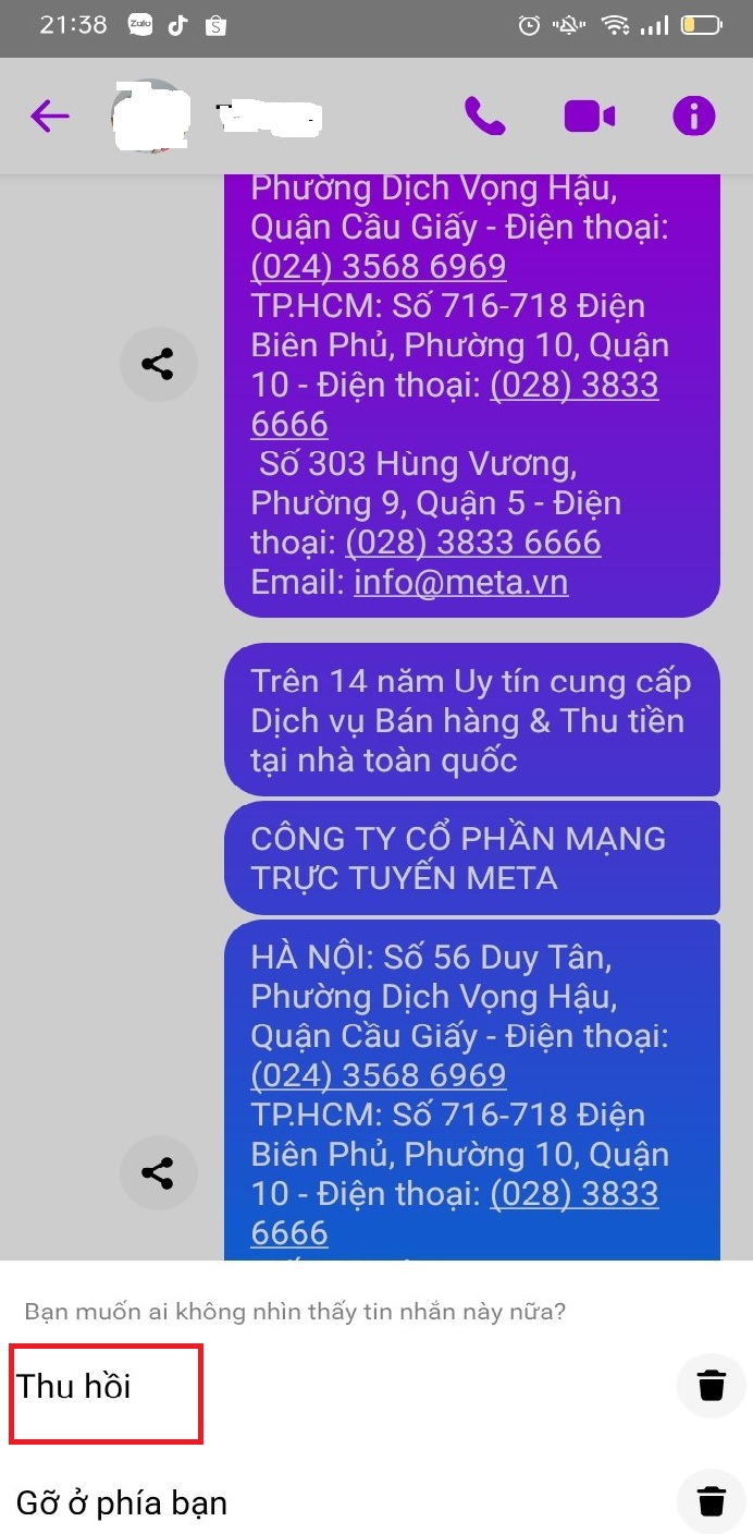 Cách thu hồi toàn bộ tin nhắn trên Messenger Facebook cả 2 bên trên điện thoại