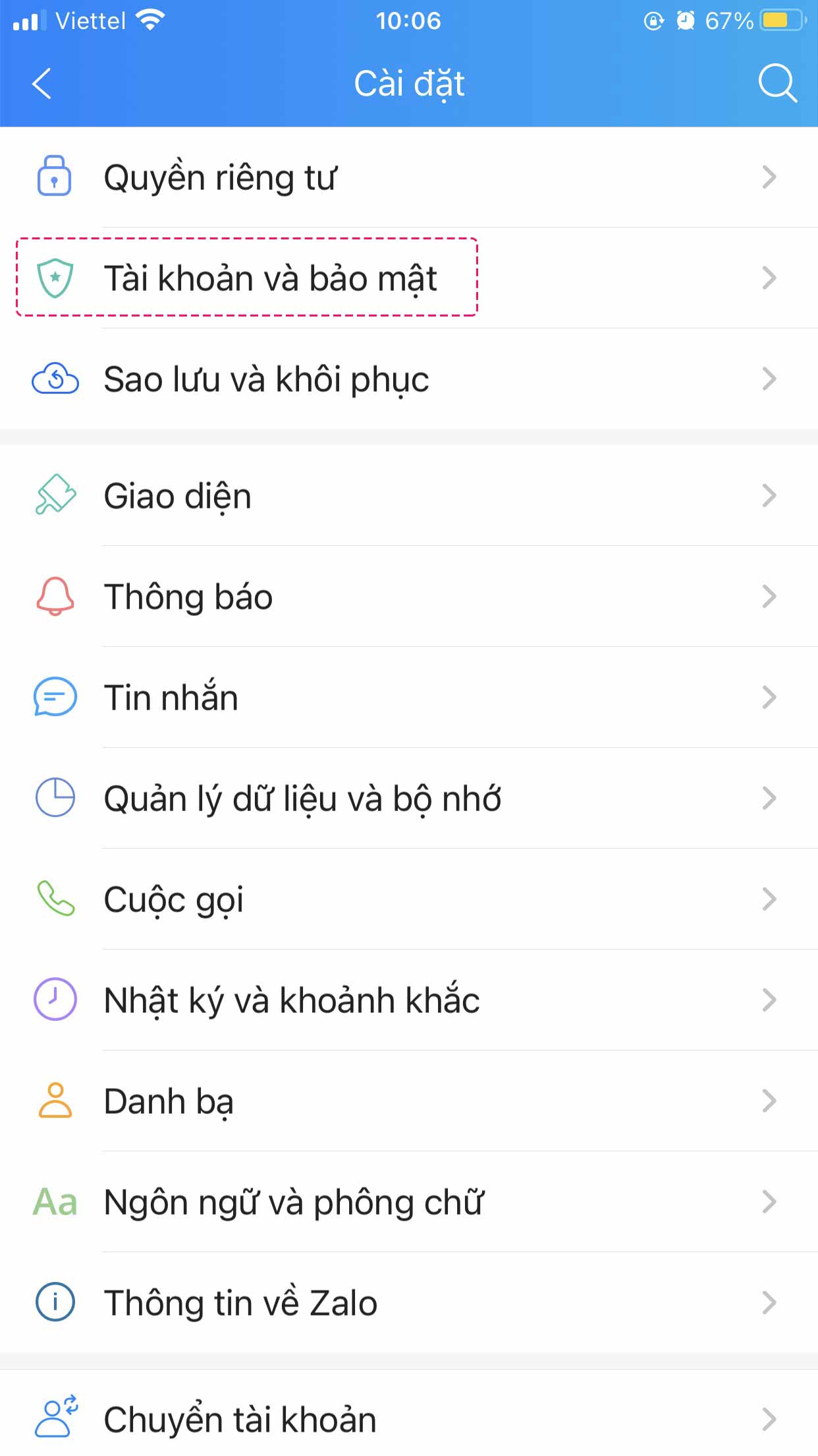 Chọn Tài khoản và bảo mật