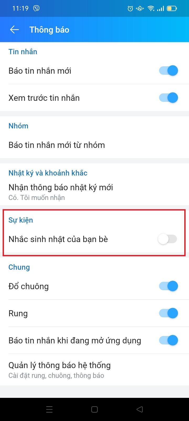 Cách bật/tắt thông báo sinh nhật của bạn bè trên Zalo