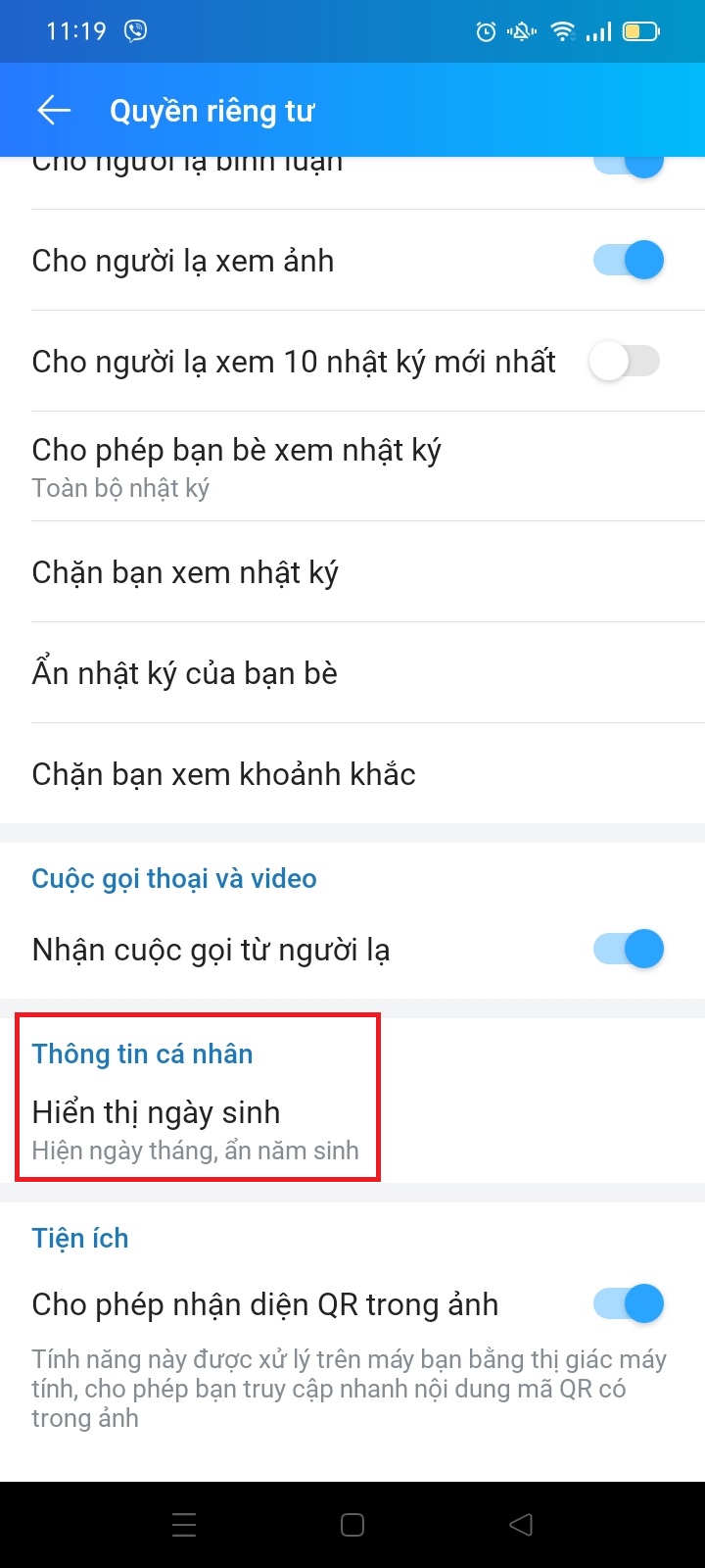 Cách tắt/bật thông báo sinh nhật của mình trên Zalo