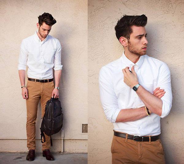 Quần nâu kết hợp áo sơ mi xanh trắng Quần nâu kết hợp áo sơ mi xanh trắng