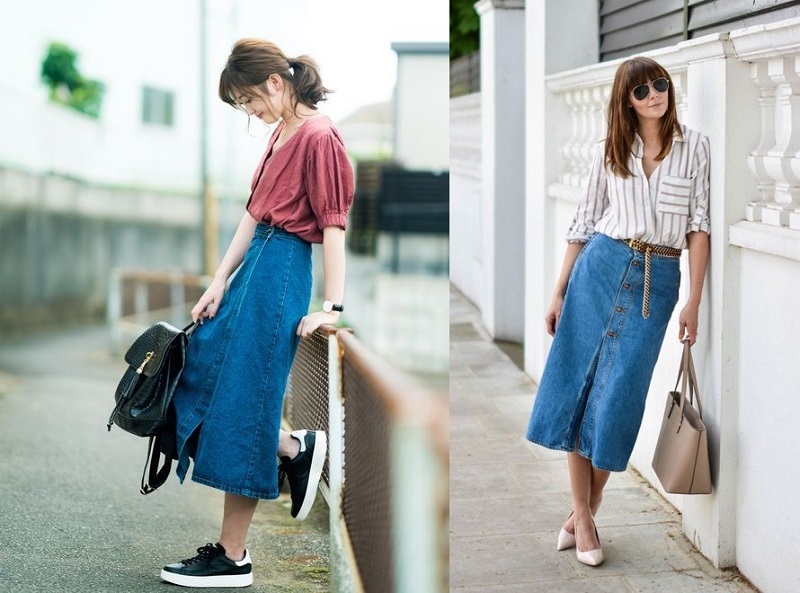 Cách phối đồ với chân váy dài qua gối Cách phối đồ với chân váy dài qua gối