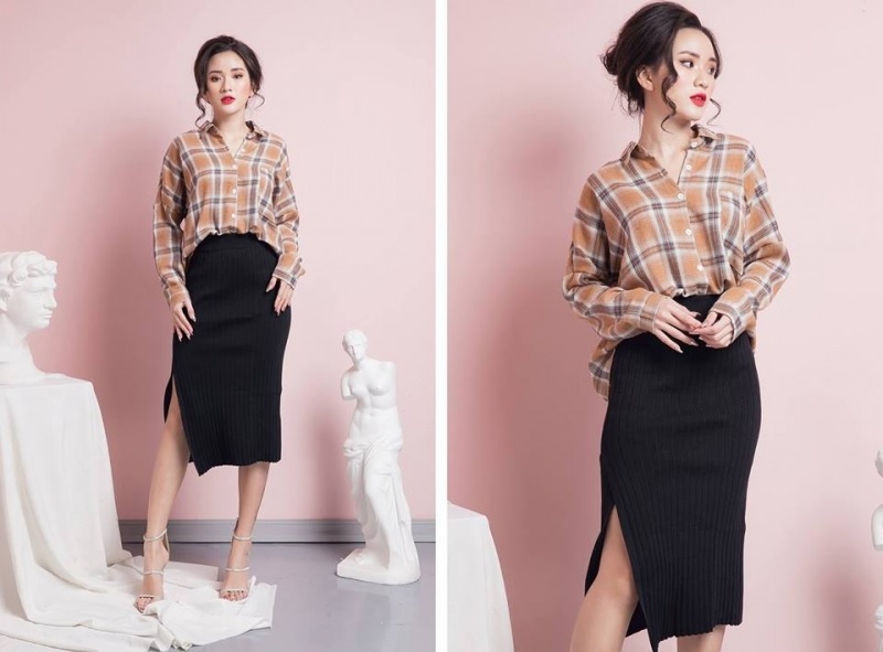 Cách phối đồ với chân váy dài qua gối Cách phối đồ với chân váy dài qua gối