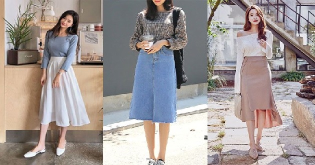 Cách phối đồ với chân váy dài qua gối Cách phối đồ với chân váy dài qua gối