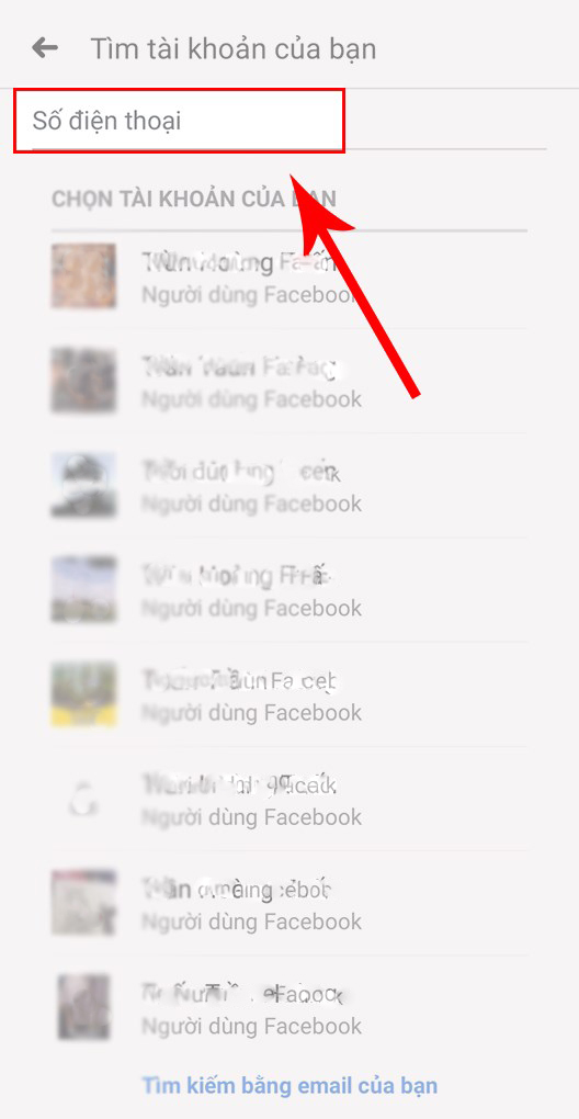 Nhập số điện thoại hoặc lựa chọn tìm kiếm tài khoản bằng Email