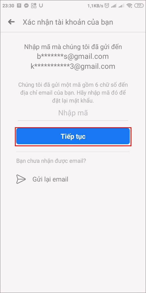 Nhập mã khôi phục tài khoản được gửi đến Email đăng ký FB của bạn
