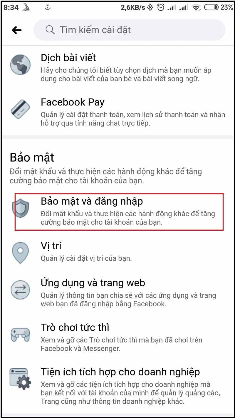Chọn Bảo mật và đăng nhập