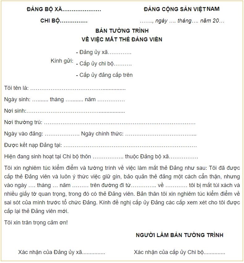 Mẫu bản tường trình về việc mất thẻ Đảng viên chuẩn nhất