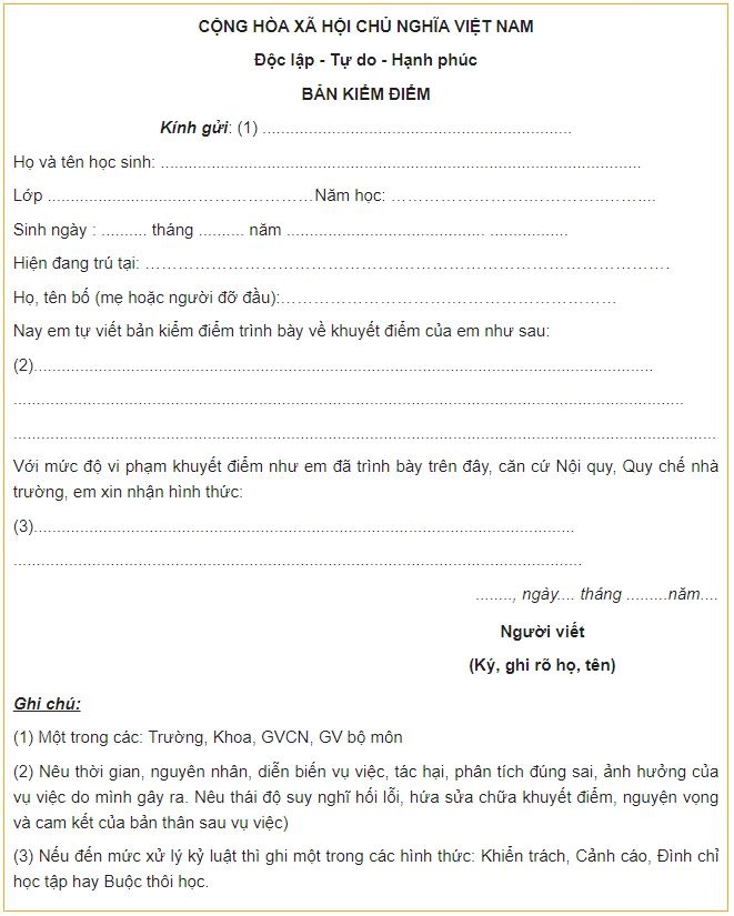 Mẫu bản kiểm điểm cá nhân chuẩn nhất