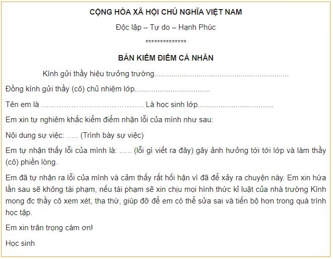 Mẫu bản kiểm điểm nhận lỗi chuẩn nhất