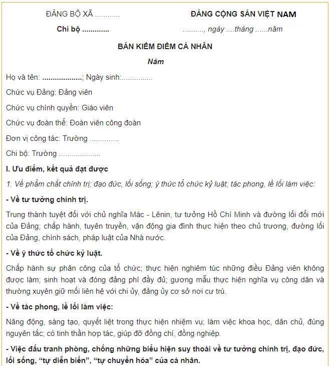 Bản kiểm điểm cá nhân giáo viên chuẩn nhất