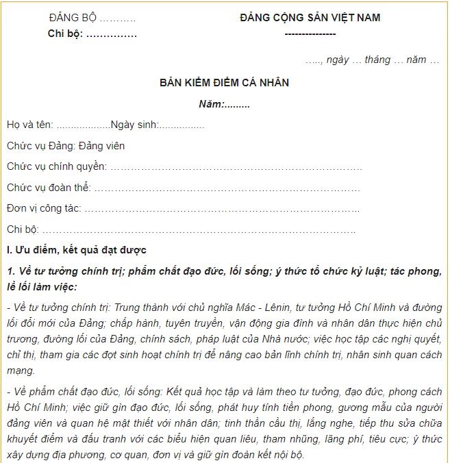 Bản kiểm điểm cá nhân Đảng viên chuẩn nhất