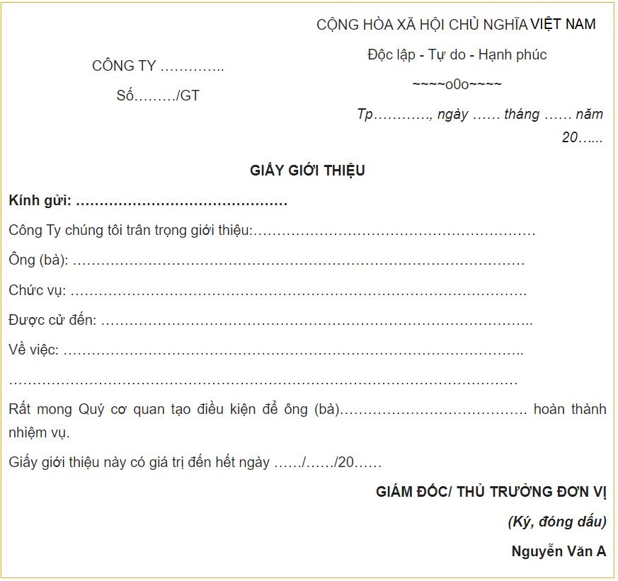 Mẫu giấy giới thiệu số 1