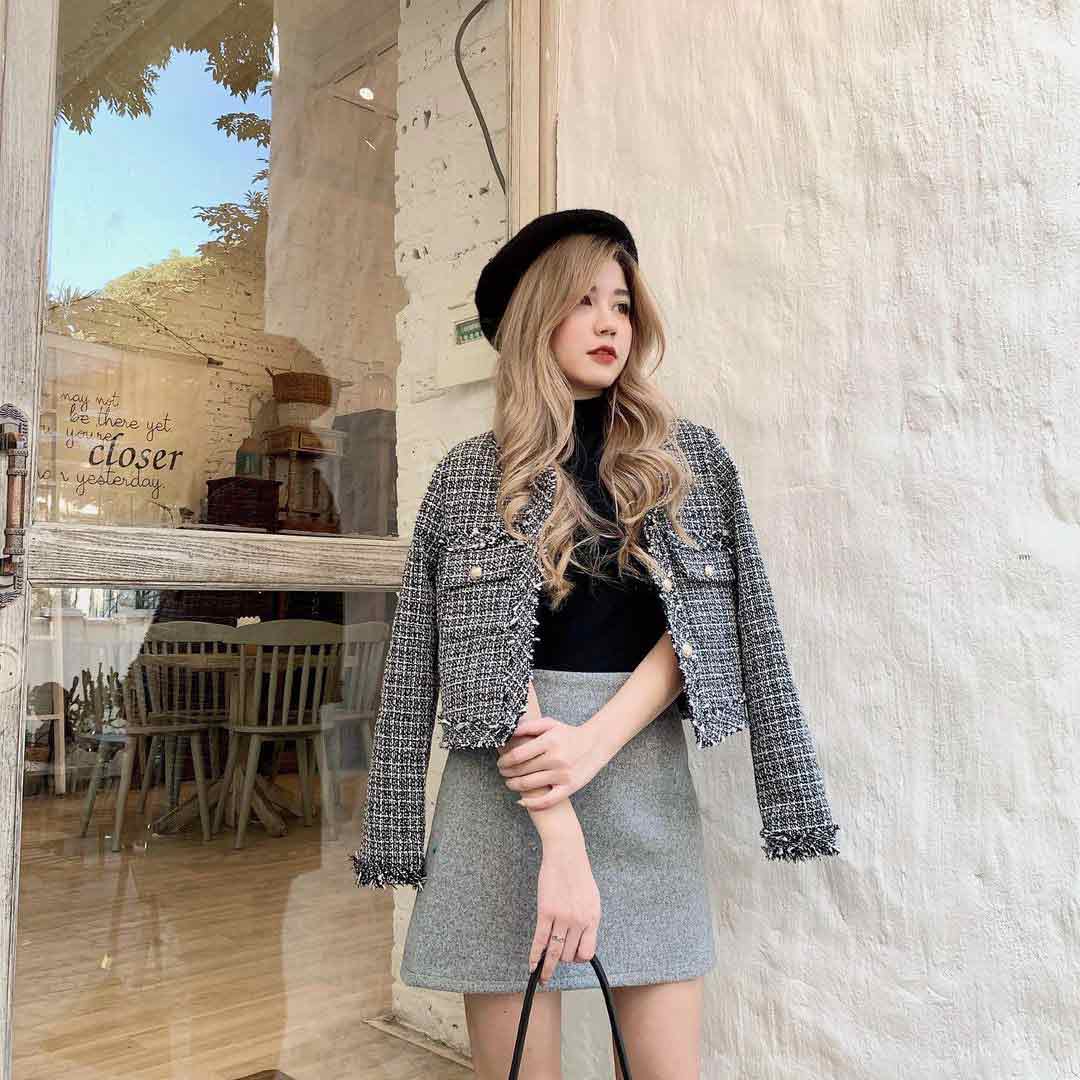Áo dạ tweet + chân váy chữ A Áo dạ tweet + chân váy chữ A