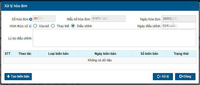 Tích chọn mục “Điều chỉnh” hóa đơn điện tử.