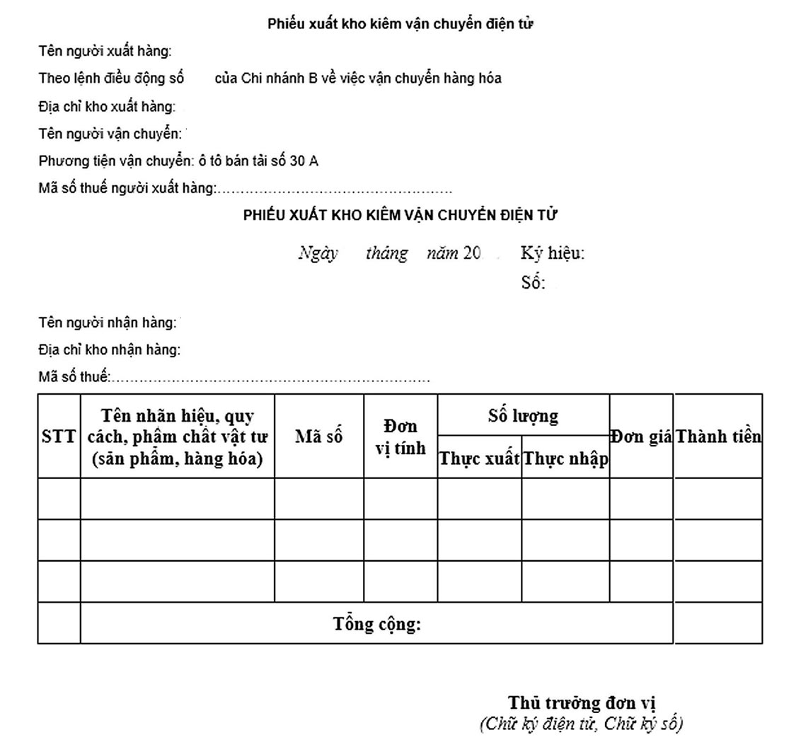 Mẫu phiếu xuất kho kiêm vận chuyển điện tử