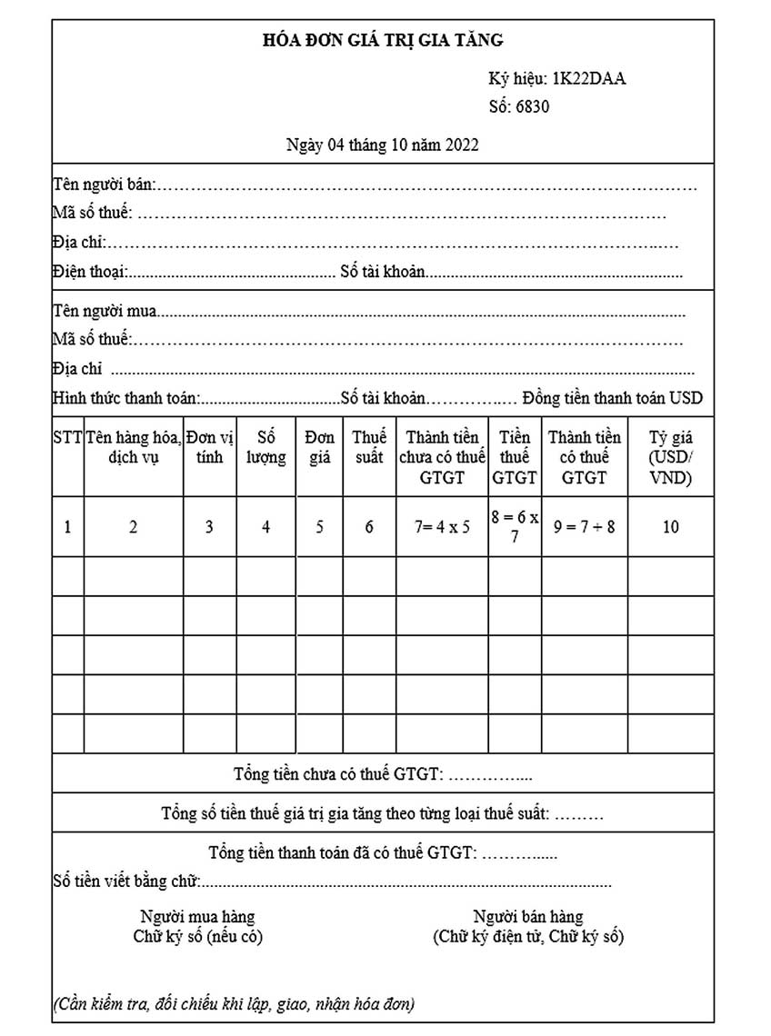 Mẫu hóa đơn điện tử giá trị gia tăng cho tổ chức, doanh nghiệp đặc thù thu bằng ngoại tệ