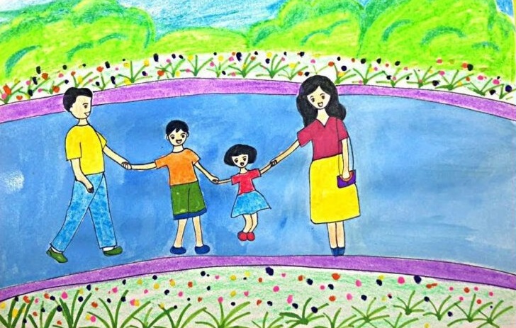 Tranh vẽ gia đình 4 người đơn giản Tranh vẽ gia đình 4 người đơn giản