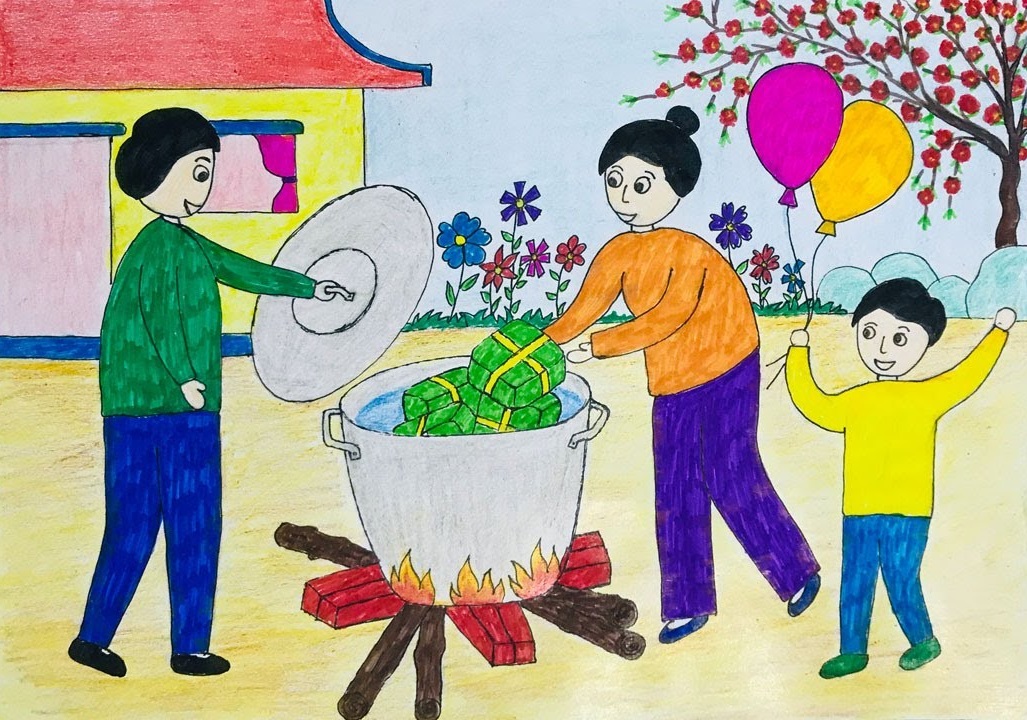 Vẽ tranh đề tài gia đình ngày Tết Vẽ tranh đề tài gia đình ngày Tết
