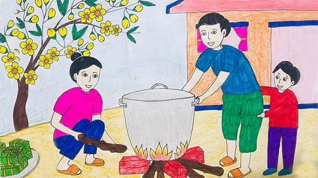 Vẽ tranh đề tài gia đình ngày Tết bên nồi bánh chưng