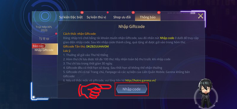 Chọn vào ô Nhập Giftcode Liên Quân → Chọn Nhập code.