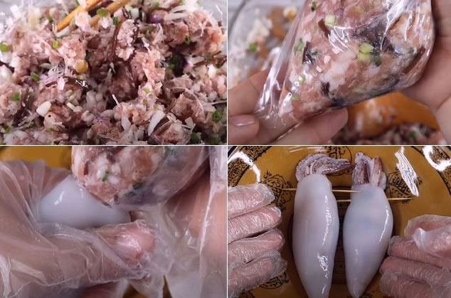 Nhồi thịt vào mực ống Nhồi thịt vào mực ống