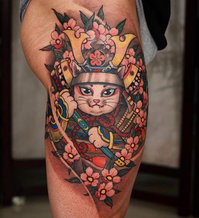 Hình xăm mèo Thần Tài Samurai