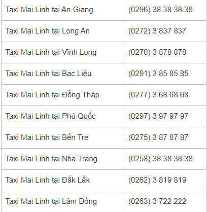 Số điện thoại taxi Mai Linh Số điện thoại taxi Mai Linh