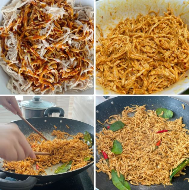 Cách làm khô gà xé cay bằng chảo