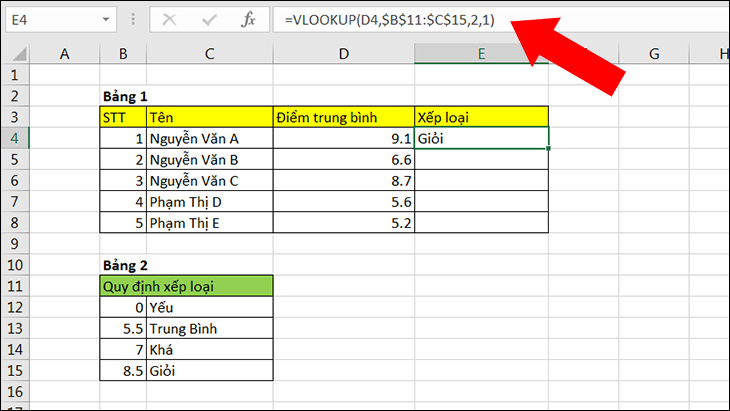 Dùng hàm VLOOKUP để xếp loại học sinh theo điểm số