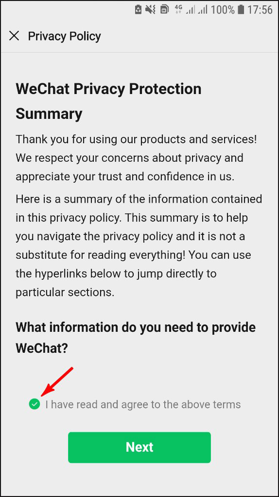 Đồng ý kiểm tra chính sách bảo mật -> Chọn Next