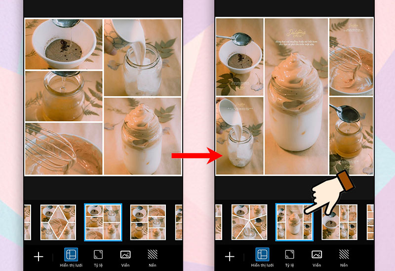 Để thay đổi bố cục ghép ảnh khác, bạn chọn vào các ô vuông kiểu lưới Để thay đổi bố cục ghép ảnh khác, bạn chọn vào các ô vuông kiểu lưới