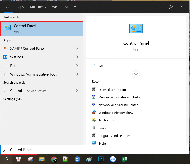 hập Control Panel vào ô tìm kiếm để truy cập Control Panel