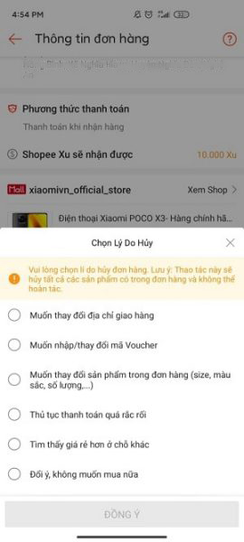 Chọn lý do hủy đơn hàng -> Nhấn Đồng ý để hủy đơn Chọn lý do hủy đơn hàng -> Nhấn Đồng ý để hủy đơn