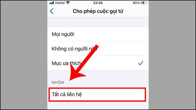 Nhấn chọn mục Tất cả liên hệ Nhấn chọn mục Tất cả liên hệ