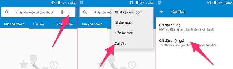 Nhấn chọn mục Cài đặt -> Chọn Cài đặt cuộc gọi Nhấn chọn mục Cài đặt -> Chọn Cài đặt cuộc gọi