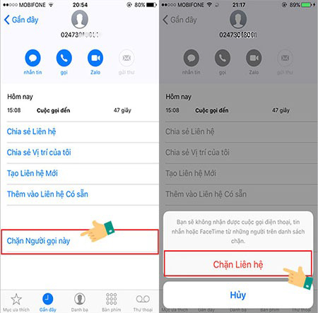 Nhấn vào biểu tượng chữ “i” ở bên phải số điện thoại bạn muốn chặn -> Kéo xuống dưới nhấn chọn Chặn Người gọi này Nhấn vào biểu tượng chữ “i” ở bên phải số điện thoại bạn muốn chặn -> Kéo xuống dưới nhấn chọn Chặn Người gọi này
