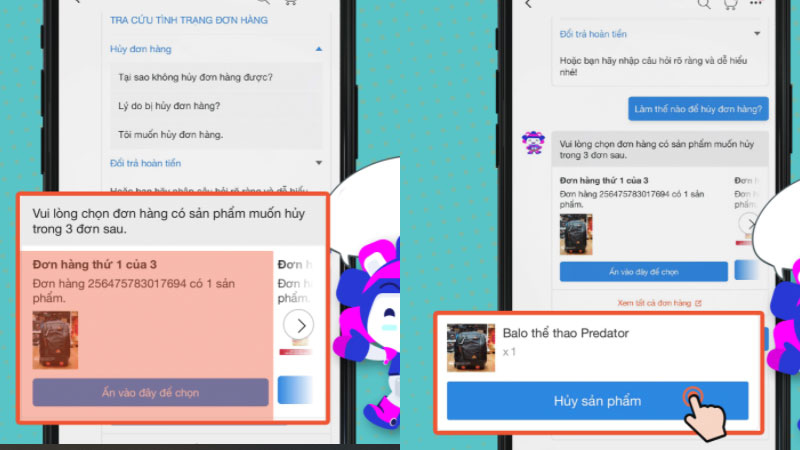 Nhấn chọn đơn hàng cần hủy -> Chọn sản phẩm cần hủy -> Nhấn Hủy sản phẩm
