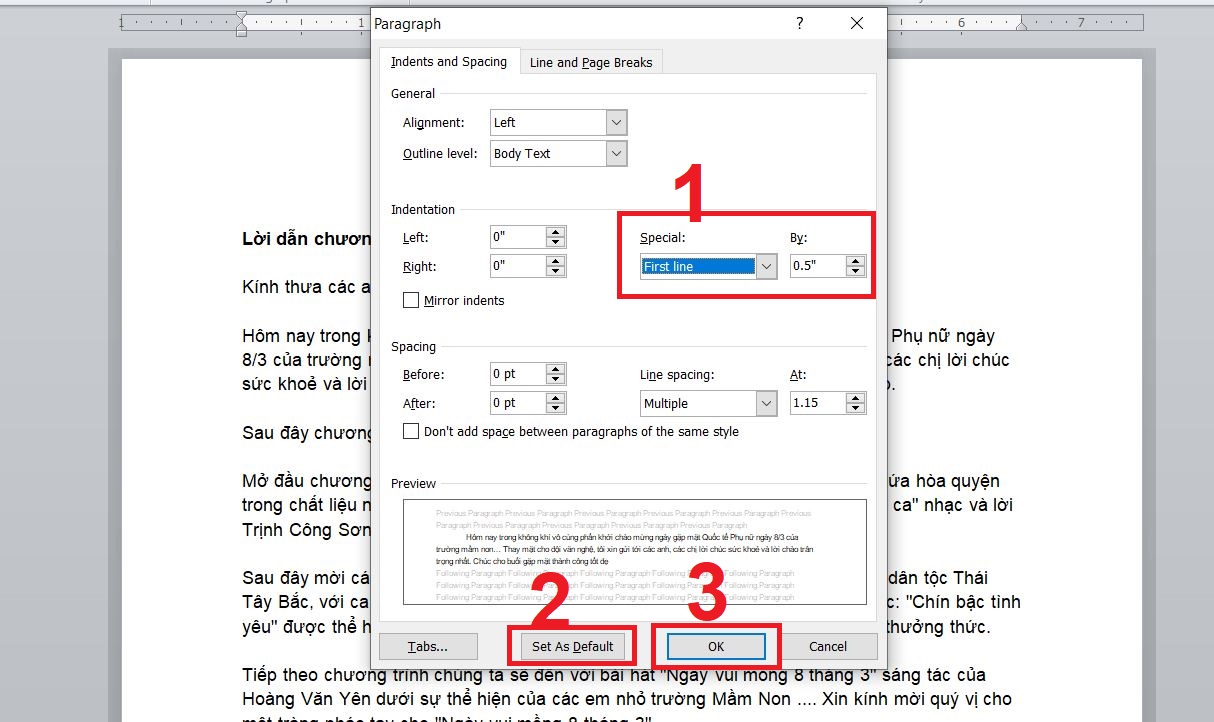 Cách thụt đầu dòng trong Word bằng cách cài đặt mặc định