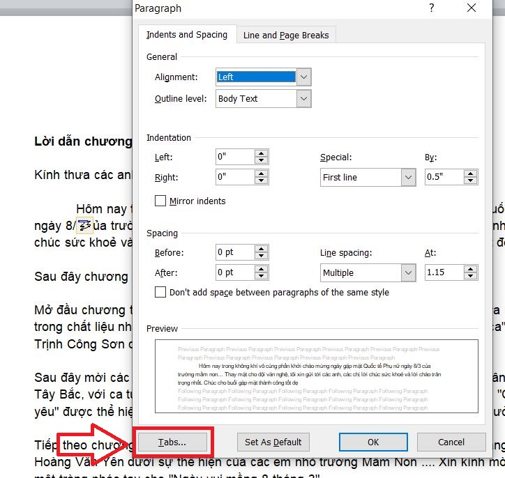Cách thụt đầu dòng trong Word bằng phím Tab