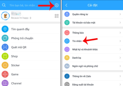 Truy cập ứng dụng Zalo -> Nhấn biểu tượng bánh răng cưa -> Tim tới nhóm thiết lập Tin nhắn